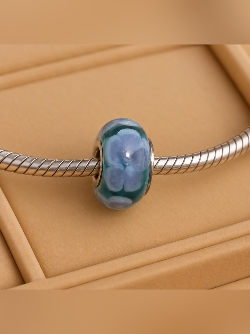 Chamilia 925 Silver Core Passion Flower Teal Murano Bead Charm EUC CHAMILIA #303